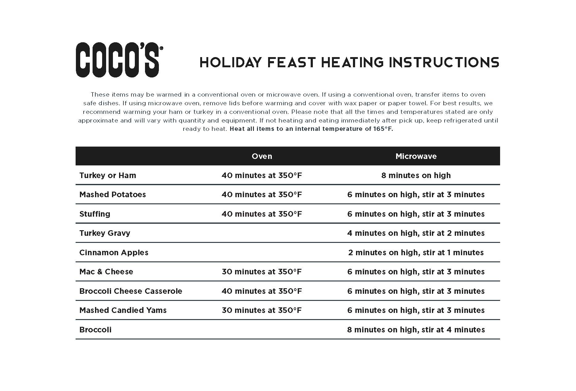 Holiday Reheating Instructions - Coco's